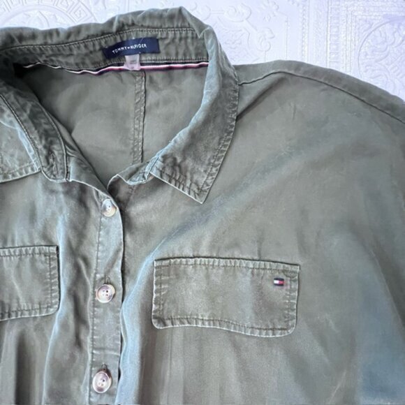 Tommy Hilfiger Utility Dress 10 Army Green Short Sleeve Drawstring Waist TENCEL - Picture 13 of 16